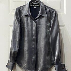 Katherine Kelly Sz 10 (M) Silk Blend Blouse Shirt Long Sleeve Shiny Gray Silver